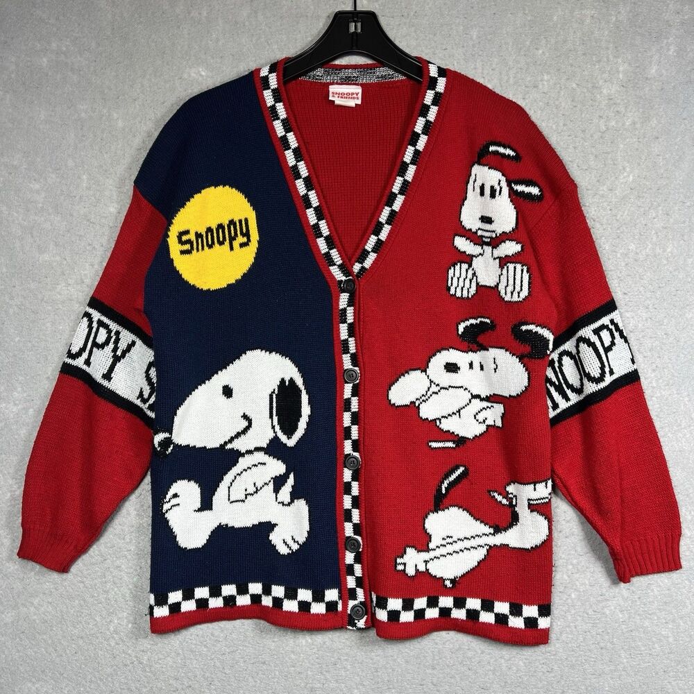 VTG Snoopy And Friends Cardigan Sweater Buttons Peanuts Love Dog Cartoon 90’s L